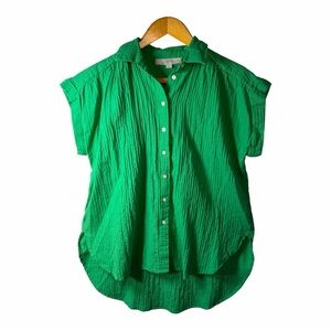 Kelly Green Coastal Gauze Blouse LOFT XS Bright Cotton Blend Button Down Summer